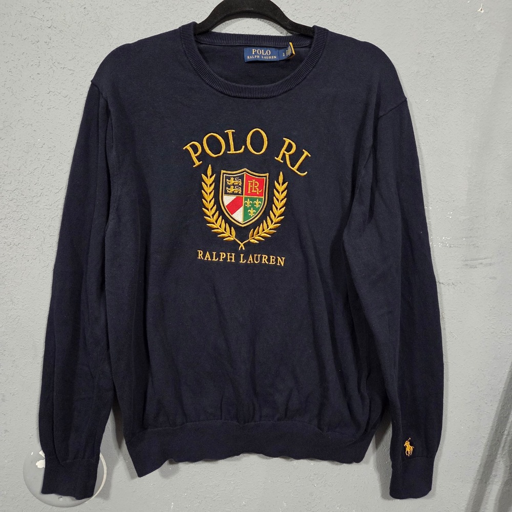 Polo Ralph Lauren Navy Blue Crest Embroidered Cotton Crewneck Sweater Mens Large